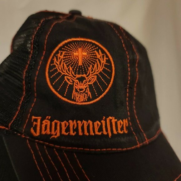 Jagermeister Logo Hat Black & Orange Off Center Trucker Style Mesh Snapback Cap - Picture 2 of 9